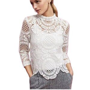 Anthropologie James Coviello Medallion Lace Front  Mock Neck Ivory Blouse SZ SP